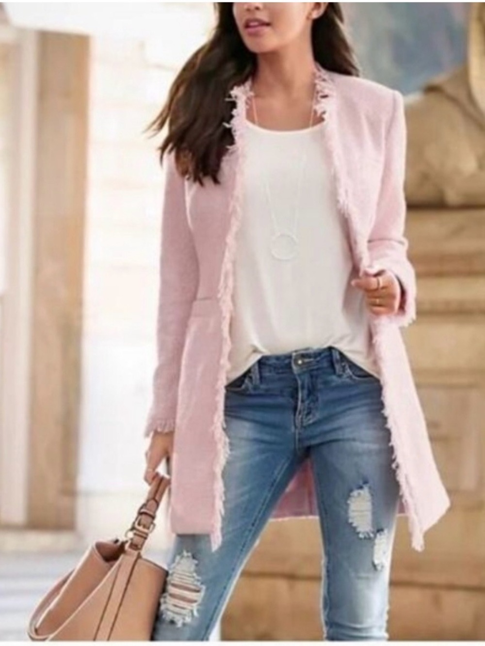 VENUS Tweed Frayed-Trim Coat/Jacket - Light Pink Size 6